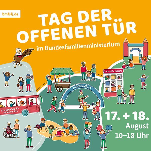 Zeichnung zeigt Menschen verschiedenen Alters, die den Tag der offenen Tür besuchen.