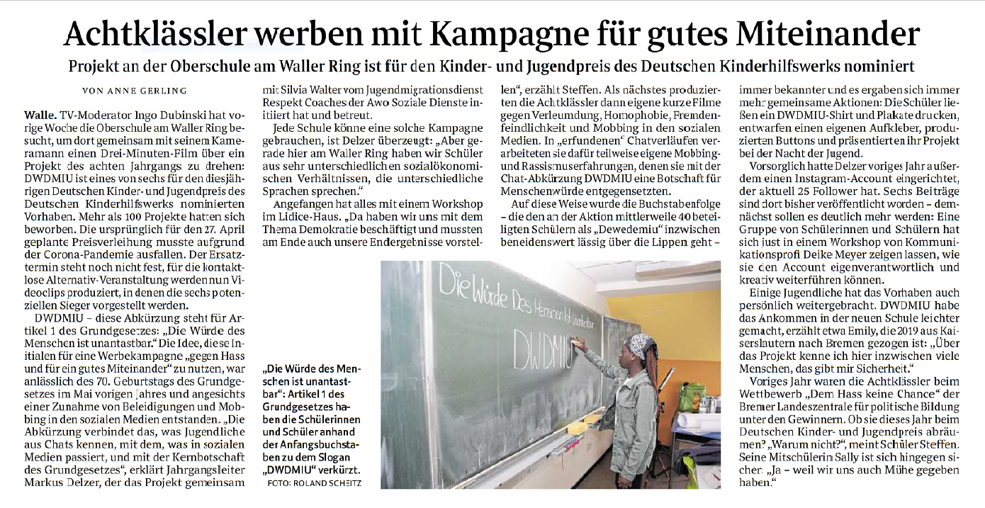 Ein Zeitungsartiekl aus dem Weser Kurier vom 08. Juni 2020