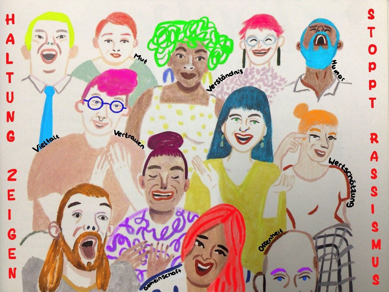 Ein gemaltes Plakat mit 12 Gesichtern die alle anders aussehen.