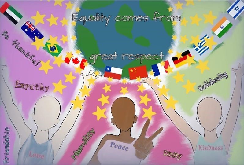 Gemaltes Plakat mit einer Weltkugel, Sternen und 11 unterschiedlichen Flaggen sowie 3 Personenmit anderer Hautfarbe