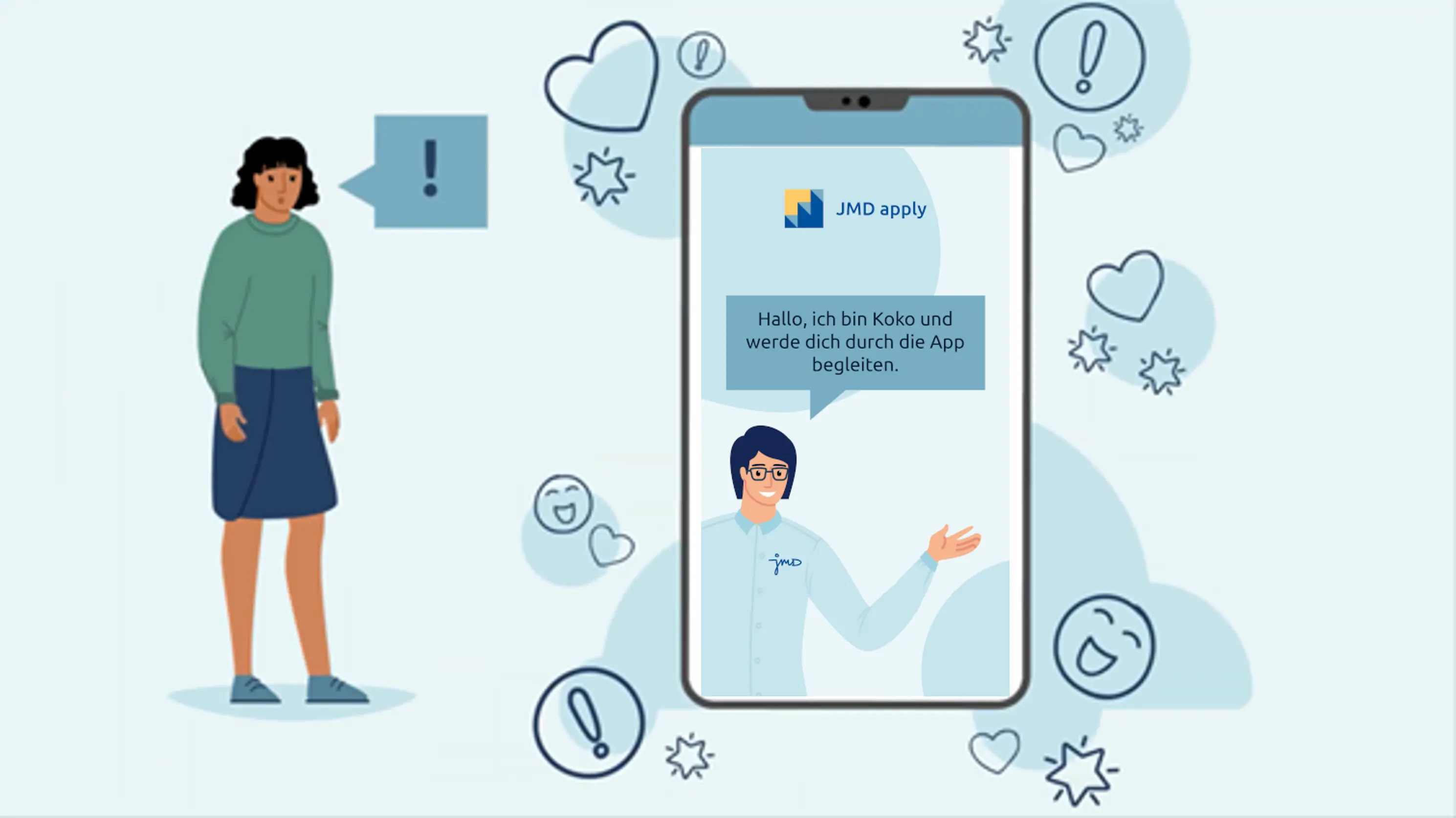 Zeichnung eines Handys, daneben eine Frau.