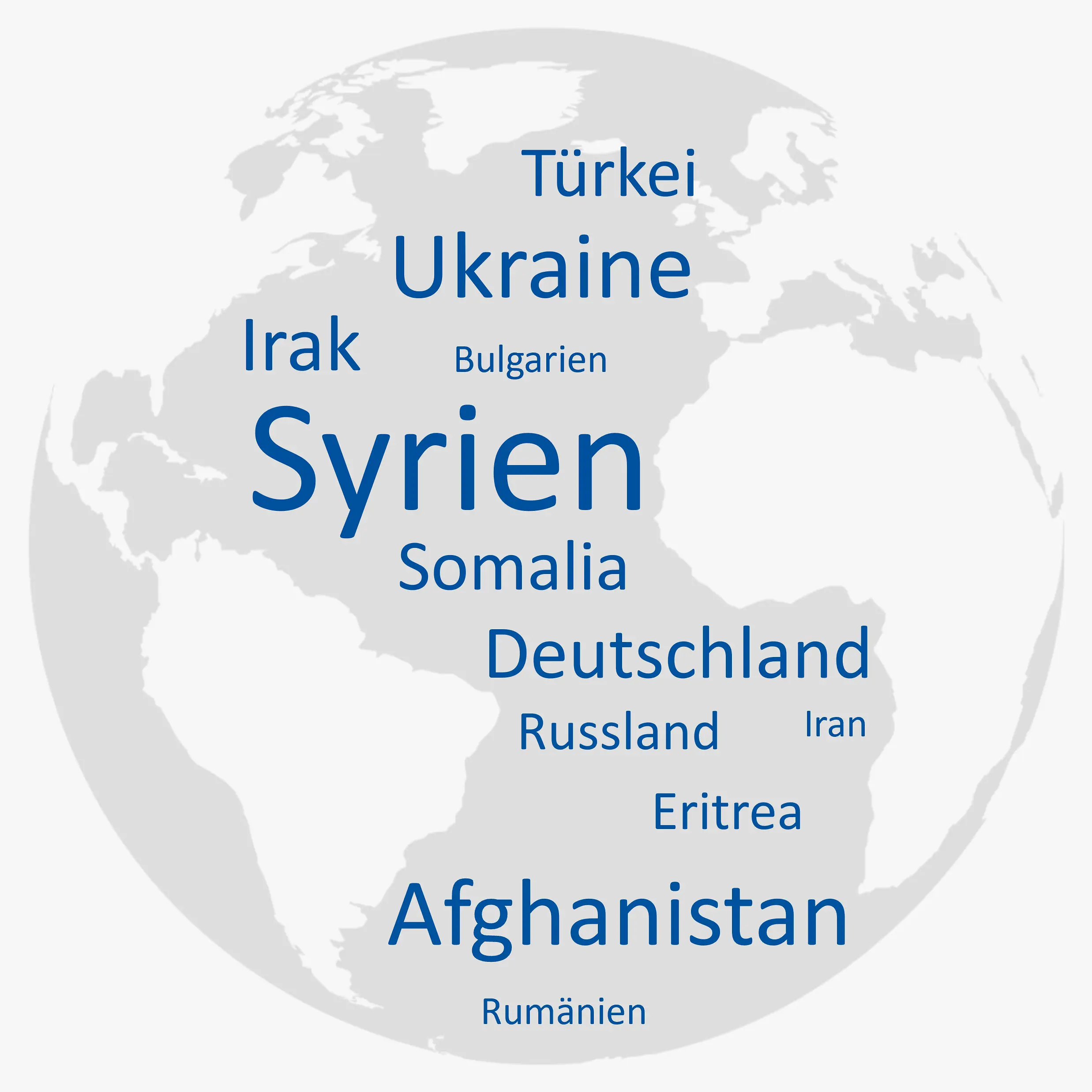 Grafik vone einer Weltkugel auf der die häufigste Herkunftsländer der Ratsuchenden stehen.n