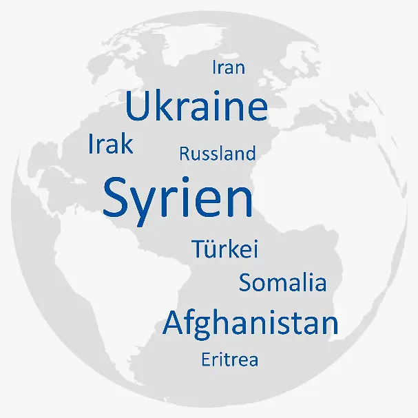 Ein Weltkugel in der die Herkunftsländer der Ratsuchenden stehen.